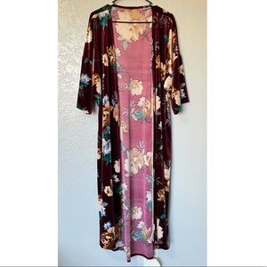 Velvet Burgundy Boho Floral Kimono Duster